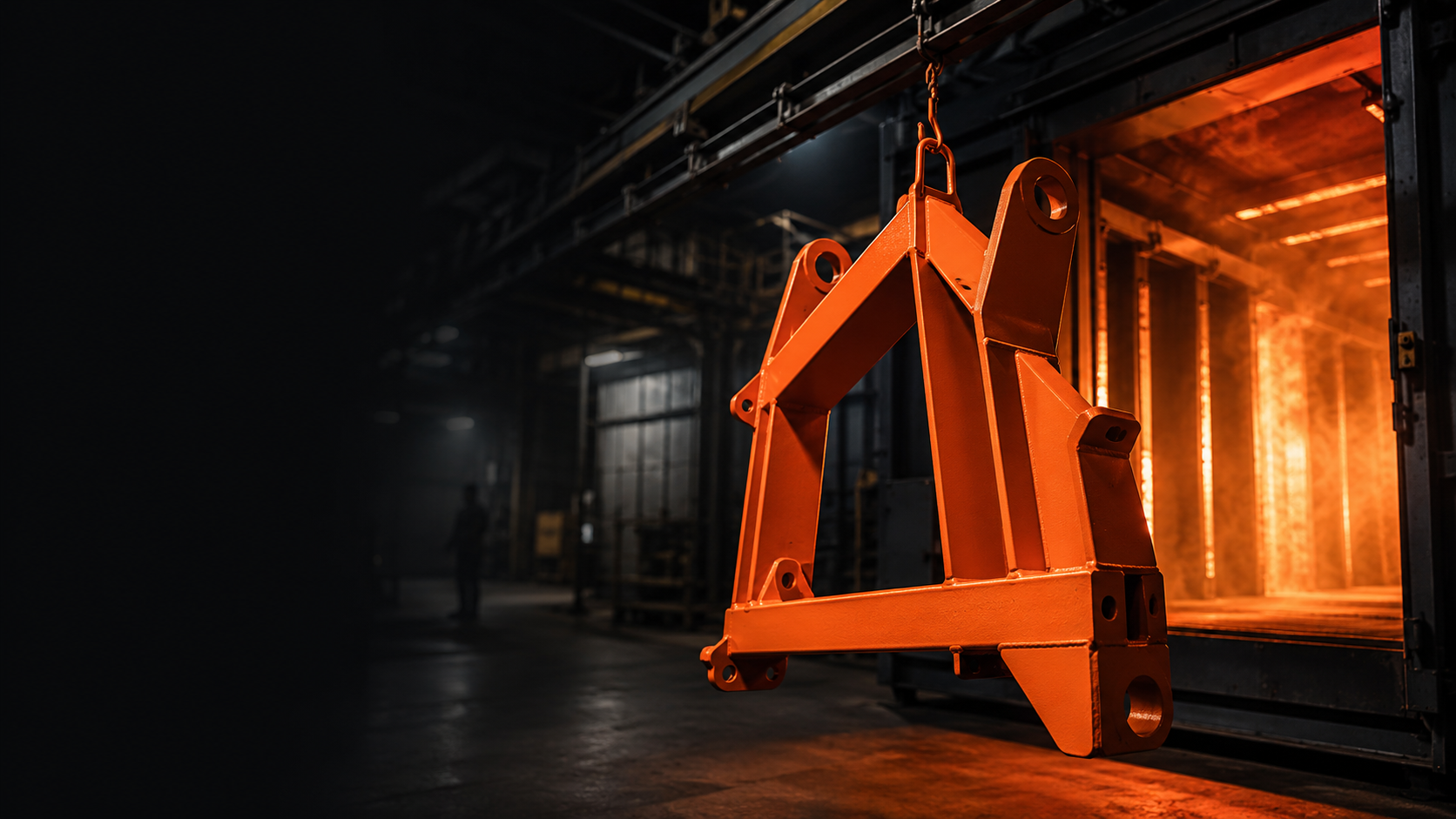 An oversized welded frame in safety orange leaving the 8 by 16 foot cure oven